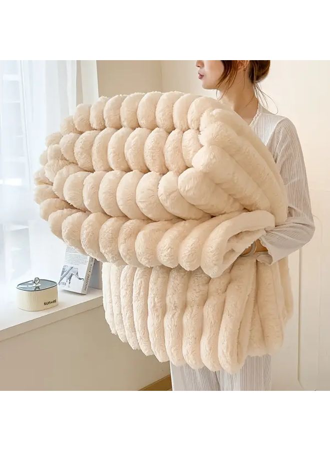 Khaki Striped Thick Drawstring Blanket 180x200cm All Season Sofa Office Camping Gift - Image 1